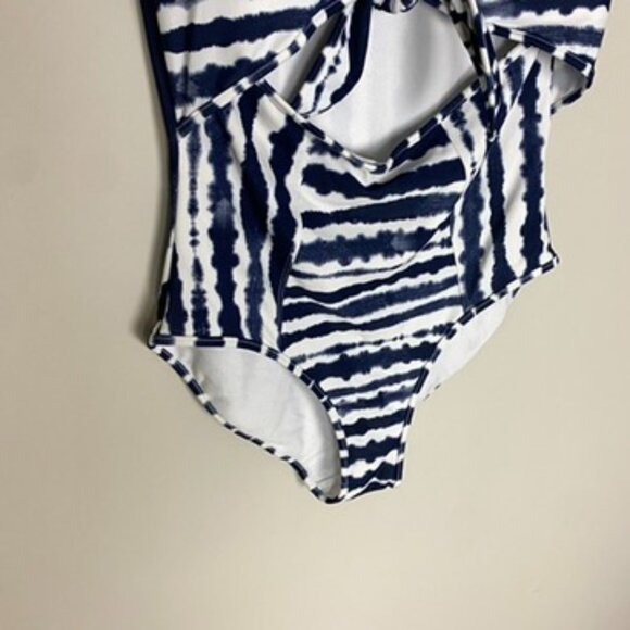 Athleta Wave Break One Piece Swimsuit Tie Dye Womens Medium Blue Cutout Knot - Picture 5 of 8